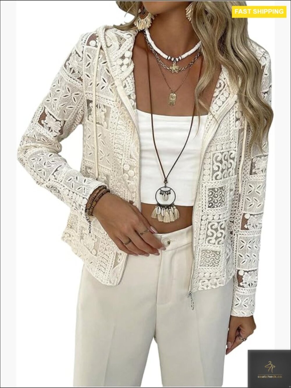 Lace Crochet Cardigan Zip Up Hooded Sheer Long Sleeve Y2K Chic Boho Top